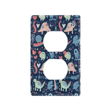 Imagem de Blueangle Placa de parede de tomada dupla de dinossauros coloridos de desenho animado, tamanho padrão, placas de cobertura de tomada elétrica de 1 gangue para decoração de quarto de escritório em casa