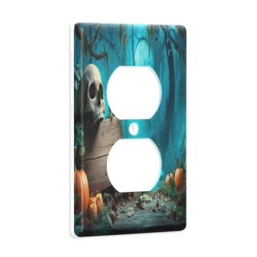Imagem de Blueangle Placa de parede de tomada dupla de placa de madeira de Halloween, tamanho padrão, placas de cobertura de tomada elétrica de 1 gangue para decoração de quarto de escritório em casa, 4,53 x