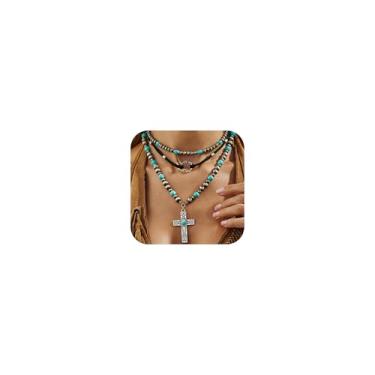 Imagem de Colar feminino com pingente de cruz turquesa em camadas Navajo Pérola Preta Gargantilha Western Boho Turquesa Joias Declaração Vintage Country Concert Cowgirl Roupas para mulheres, acessórios modernos