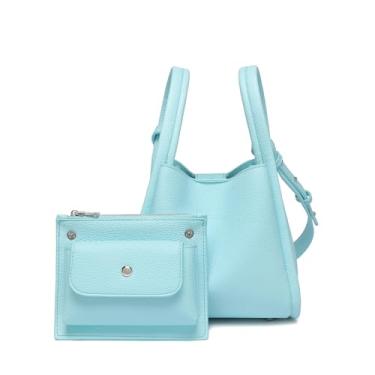 Imagem de YONBEN Bolsa de couro bolsa de mão despojada com zíper e bolsos bolsa de couro sintético com zíper elegante bolsa de couro feminina, Azul claro