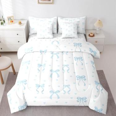 Imagem de Erosebridal Conjunto de cama de princesa com laço de 7 peças, conjunto de edredom de fita dupla com lençóis, cama de gravata borboleta em uma bolsa, 2 fronhas, 2 fronhas