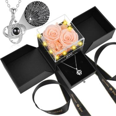 Imagem de Preserved Real Red Champagne Roses & I Love You, colar de projeção de 100 idiomas caixa de presente romântico eterno conjunto de flores para ela, decoração de casa, aniversário, Dia dos Namorados, Dia