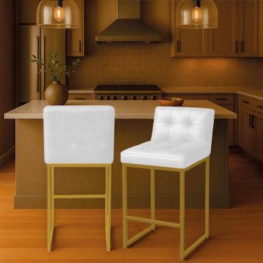 Imagem de Banqueta Cozinha Alta Com Encosto Industrial Kit 2 Dourado Lirina Pu Branco C05 - D`rossi