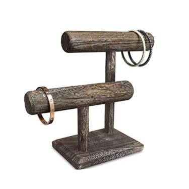Imagem de Suporte organizador de joias retrô de 2 níveis, suporte de pulseira e colar em T de madeira para venda, pulseira, torre de relógio, anéis, armazenamento de brincos
