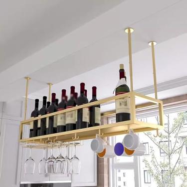 Imagem de Rack de vinho de montagem no teto com suporte de vidro, rack de vinho suspenso de metal de altura ajustável de 30 a 59,9 cm, rack de vidro de vinho de teto, para bar café cozinha (cor: ouro, tamanho