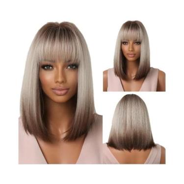 Imagem de Peruca Sintética Curta Lisa Branca Loira Cinza Com Franja Para Mulhere