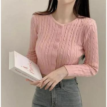 Imagem de Cardigã Feminino De Tricô Canelado Curto Com Botões E Manga Longa, Est