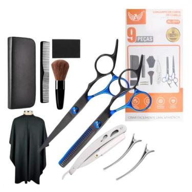 Imagem de Estojo com 9 Peças Tesouras, Navalha e Acessórios Profissionais Barbei