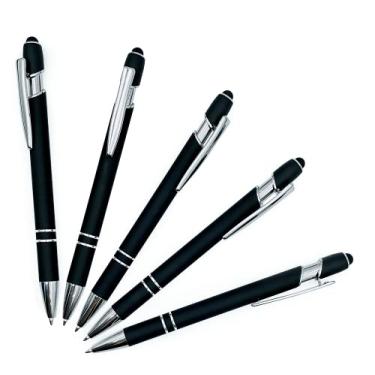 Imagem de Pacote com 5 canetas esferográficas capacitivas de toque macio emborrachadas 2 em 1, ponta média de metal premium, tinta preta, compatível com a maioria das telas de toque (preto)