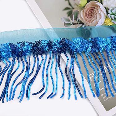 Imagem de 2/4 jardas 10 cm paetês lantejoulas borla renda franja guarnição tecido de malha DIY desempenho saia vestido de noiva decoração material de costura, azul céu, 2 jardas