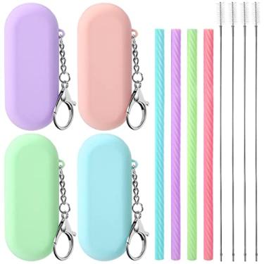 Imagem de Conjunto de 4 canudos de silicone com estojo de canudos reutilizáveis de silicone dobrável portátil conjunto de canudos para festas, viagens, casa, frio, quente ou com 4 estojos, 4 escovas de limpeza de 19 cm de comprimento