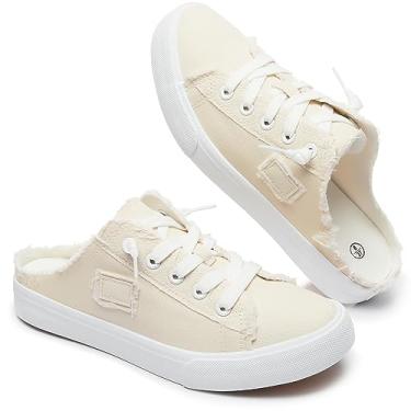 Imagem de BENPAO Mules femininos de lona branco slip on moda tênis preto mocassins confortáveis sapatos casuais para mulheres, Bege, 8
