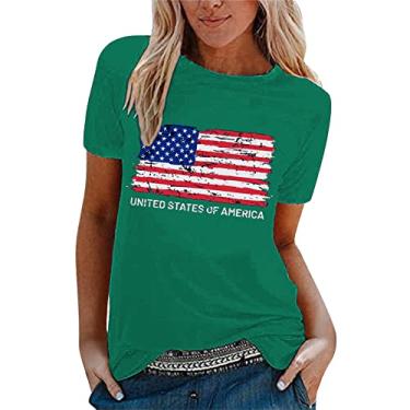 Imagem de Camiseta feminina com bandeira americana casual 4 de julho listras estrela túnica patriótica Dia da Independência manga curta, Verde, PP