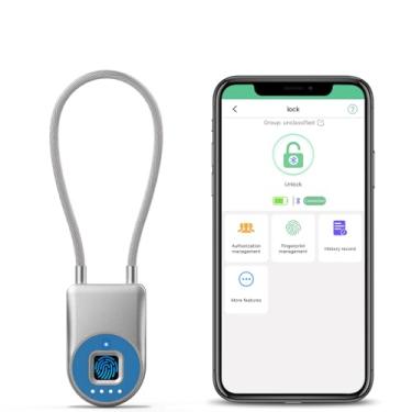 Imagem de Dhiedas Trava de cabo de impressão digital, cadeado inteligente de impressão digital sem chave de 9 cm com controle de aplicativo, cadeado eletrônico biométrico externo à prova d'água para armário de
