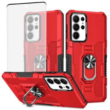 Imagem de Ueokeird Capa para Galaxy S22 Ultra, capa para Samsung S22 Ultra 5G SM-S908U com protetor de tela de vidro temperado, anel de metal resistente, suporte magnético para Samsung Galaxy S22 Ultra Red