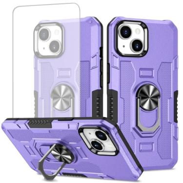 Imagem de Ueokeird Capa para iPhone 13 6,1 polegadas Apple 13 com protetor de tela de vidro temperado, proteção resistente com anel de metal suporte magnético capa de telefone para iPhone 13 roxo