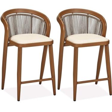 Imagem de IDEALHOUSE Conjunto de 2 bancos de bar altos, banquetas de bar de vime modernas com encosto baixo e apoio para os pés, almofada de assento embutida, ilha de cozinha, jardim, pátio, varanda e piscina