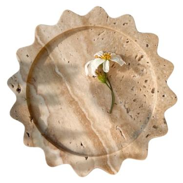 Imagem de DACHUN Bandeja redonda de mármore recortada de 15 cm – Bandeja de mármore branco natural para bancada de banheiro, joias e suporte de vela – Presente elegante para decoração de casa (travertino bege)
