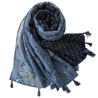 Imagem de Cachecol floral, cachecol feminino de poliéster azul com borla, cachecol étnico fácil de combinar para praia, ar livre, 1 peça, standard