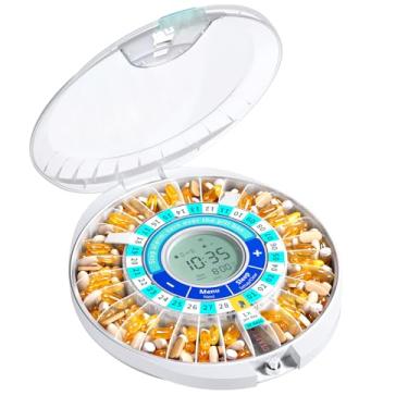 Imagem de Daviky Dispensador automático de comprimidos para idosos com alarme, caixa de comprimidos bloqueada eletrônica de 28 dias, lembretes de som e luz para medicamentos, vitaminas e suplementos
