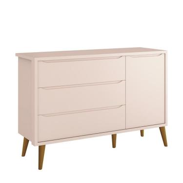 Imagem de Cômoda Infantil 1 Porta E 3 Gavetas Theo Retrô Rosa Fosco Com Pés Amadeirado - Reller Móveis Rosa Fosco