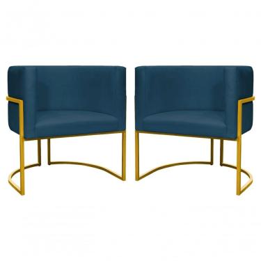 Imagem de Kit 2 Poltronas Decorativa Luxo Base De Metal Dourada Escritório Recepção Sala Suede Azul Marinho Eli Móveis E Decoração