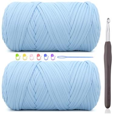 Imagem de 2 fios de camiseta de 400 g para crochê, azul celeste, tecido elástico grosso, fio de crochê para iniciantes, bolsa de tricô à mão, cesta/porta-copos / artesanato faça você mesmo/decoração de casa