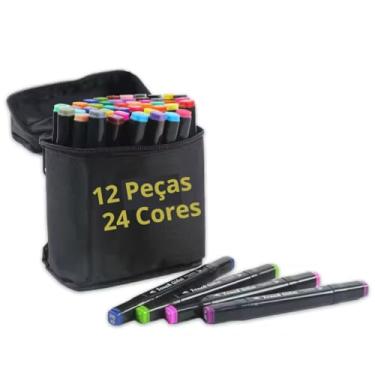 Imagem de Kit De Canetas Marcador Permanente Ponta Dupla Canetinha para Colorir Kit Estojo de Canetas Escolar Marcador Coloridas Permanente Duas Pontas (24 Cores)