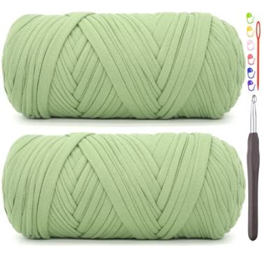 Imagem de Pacote com 2 fios de camiseta para crochê, camiseta verde, tecido elástico grosso, fio de crochê para iniciantes, bolsa de tricô à mão, cesta/porta-copos / artesanato faça você mesmo/decoração de casa