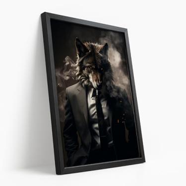 Imagem de Quadro Decorativo Lobo Terno Escuro Com Moldura Animal Misterioso Forte Elegante Fumaça Olhar Intenso Preto Criativo Estilo Masculino