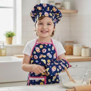 Imagem de Kit Avental Infantil de Cozinha Estampado com Touca e Luva - Mava Enxo