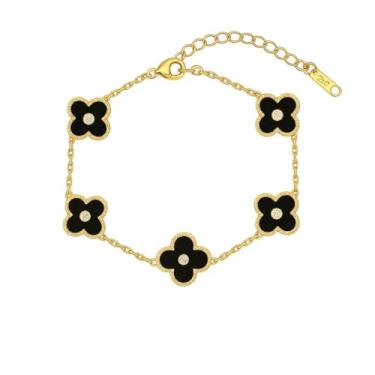 Imagem de Bracelete Aço Inoxidável Trevo Virgínia Alhambra Preto Cravejado Zircônia-Pulseira Feminina Trevo 4 Folhas Sorte Aço Inox Cirúrgico Banhado Ouro 18K Vintage Inspiração-Presente Feminino Strass Central Brilho Versátil Luxo Glamour Moderno