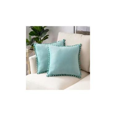 Imagem de Capas de almofada genéricas com pompons 45 x 45 cm - azul claro - Ligh