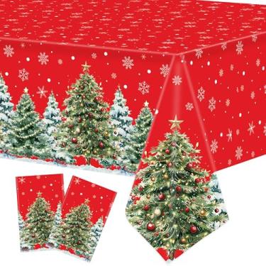 Imagem de Pacote com 2 toalhas de mesa de plástico de Natal, 137 x 274 cm, flocos de neve de árvore de Natal, descartáveis, toalha de mesa vermelha, retangular, decorações para casa, artigos de festa de Natal