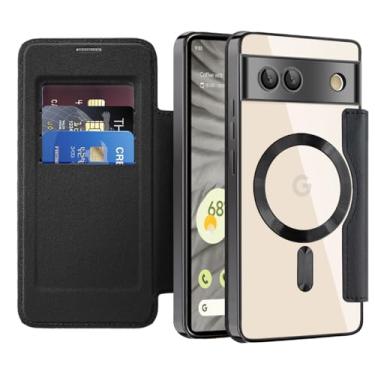 Imagem de LEMAXELERS Capa para Google Pixel 7A compatível com Magsafe com suporte de cartão com bloqueio de RFID, carteira flip de couro PU, capa protetora à prova de choque para Google Pixel 7A, preta WD