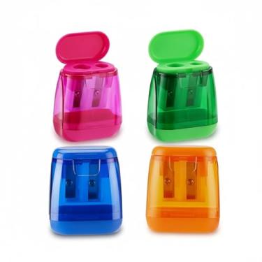 Imagem de Apontador Escolar Duplo com Depósito, 4 Cores Sortidas, Plástico Transparente, Tampa Flip-Top