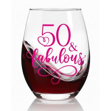 Imagem de Ymzkpoa Presentes de taça de vinho de 50º aniversário para mulheres, amigas, irmã, ela, esposa, 50 fabulosas taças de vinho, ideia de presente de aniversário para mãe, tia, colega de trabalho