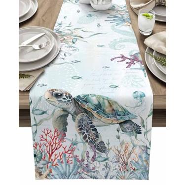 Imagem de Caminho de mesa de peixe coral tartaruga azul-petróleo sob o mar, caminhos de mesa de linho de algodão 70 polegadas de comprimento, cômoda de animais do oceano de verão cachecol para cozinha café