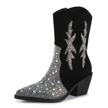 Imagem de Bapolee Botas femininas pretas caubói ocidentais coloridas strass bico fino bico grosso salto baixo bota macia com zíper, Preto, 41