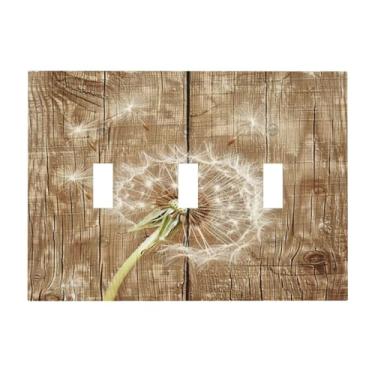 Imagem de BHGAHD Capa decorativa para interruptor com placa de madeira marrom vintage com design de dente-de-leão, placa de parede artística de 3 grupos, capas exclusivas para interruptor de luz tripla para