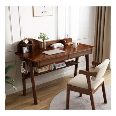 Imagem de Mesa de madeira de carvalho maciça com 2 gavetas, mesa de escritório em casa com prateleira de armazenamento aberta para computador, mesa de trabalho, mesa de trabalho, mesa de jogos, mesa para laptop