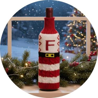 Imagem de Suéter de Natal para garrafa de vinho com letra A – Z, garrafas de manga de malha, decoração de mesa, reutilizável, roupa de garrafa estilo Papai Noel