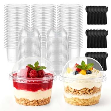 Imagem de MWELLEWM 100 peças de copos de plástico descartáveis de 227 g com tampas de cúpula, copo de sobremesa transparente, mini recipientes de aperitivo parfait para sorvete, bolo, frutas, pudim, dose de