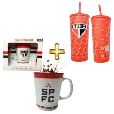 Imagem de Kit 1 Caneca Branca Porcelana Café + 1 Copo Canudo 500Ml - Brasfoot