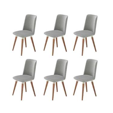 Imagem de Kit de 6 Cadeiras de Madeira Maciça Estofada Dakota - Natural c/ Linho Cinza - Champanhe