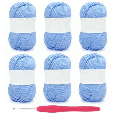 Imagem de Fio de algodão leiteiro de 5 camadas, 6 rolos de novelos de fio de algodão de leite macio com ganchos de crochê para boneca, suéter, chapéus, cachecol, xale (azul claro)