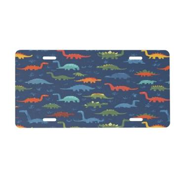 Imagem de Placa de carro colorida de dinossauros de desenho animado para placas dianteiras de carro alumínio metal adequado para caminhão placa de porta de carro bar café acessórios automotivos para homens