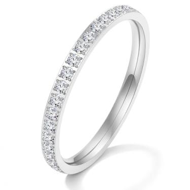 Imagem de Alianças de casamento para mulheres: Anel de noivado empilhável de aço inoxidável banhado a ouro 18 quilates CZ simulado anel de noivado empilhável joia fina 2 mm prata ouro rosa tamanho 5 6 7 8 9 10,