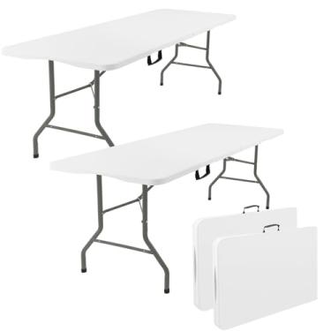 Imagem de Fivenl Pacote com 2, mesa dobrável portátil de 1,8 m, branca, pernas de aço, dobrável ao meio com alça de transporte, mesa dobrável de plástico retangular para festas, casamentos, acampamento