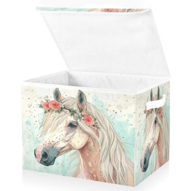 Imagem de Blueangle Cestos de armazenamento de cavalo cinza floral com tampas, 42 x 32 x 30 cm, grande cesta organizadora dobrável para decoração de casa e escritório (85)